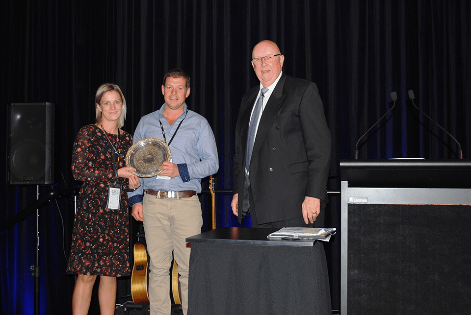Kane and Shelley Walsh at the Rural Contractors NZ Conference receiving an award for 'Contribution to Conference' 
